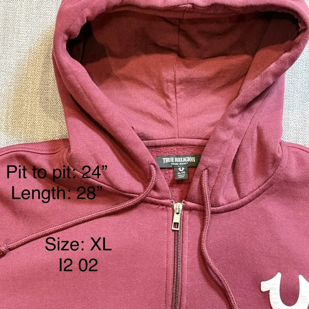 True Religion Mens XL Burgundy Zip Up‎ Hoodie Buddha Maroon Horseshoe Logo